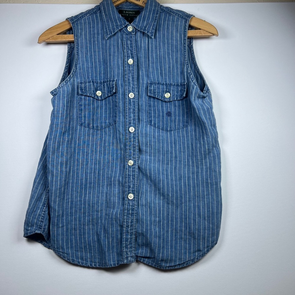 Vintage Lauren Ralph Lauren Sleeveless Shirt  Women Pinstripe Linen 6 Hong Kong - Picture 2 of 9